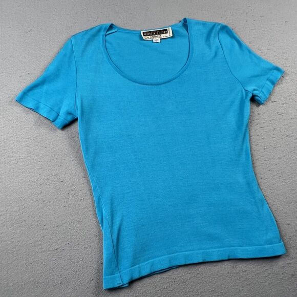 Worldly Things By‎ Styltricot Knit Blouse Shirt Womens 6 Light Blue Short Sleeve - Picture 5 of 16
